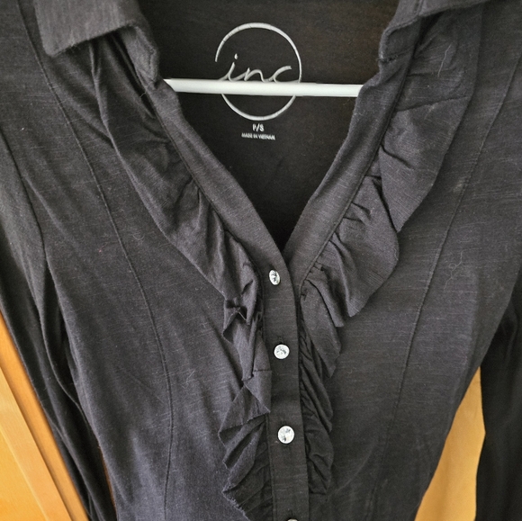 NEW INC ruffle front collared blouse with rhinestone buttons. - Picture 3 of 5